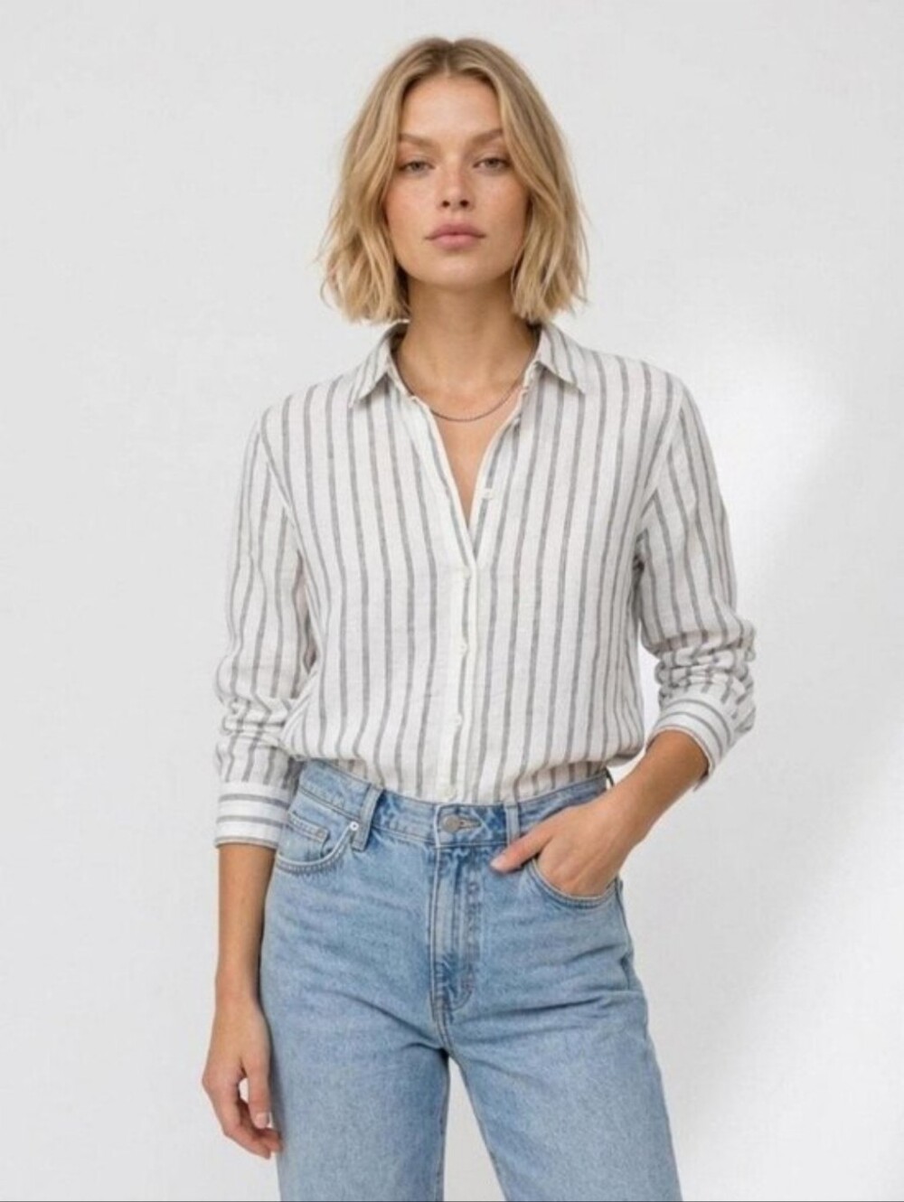 Quince European Linen Long Sleeve Striped White Gray Button Down Small